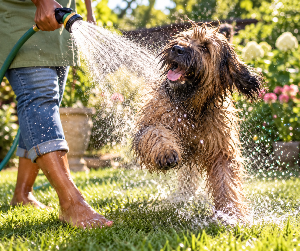 Happy shaggy dog jumping through water from a garden hose in a sunny backyard.