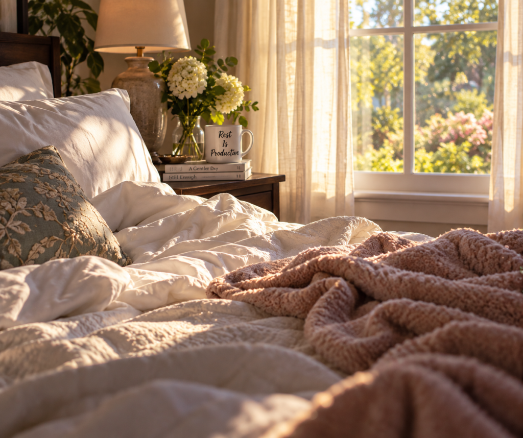 Rumpled bed with cream linens in a sunlit bedroom overlooking a garden.