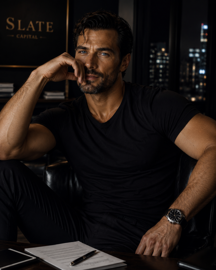 Dorian Slate seated at a desk inside Slate Capital at night, wearing a black shirt with city lights visible behind him.