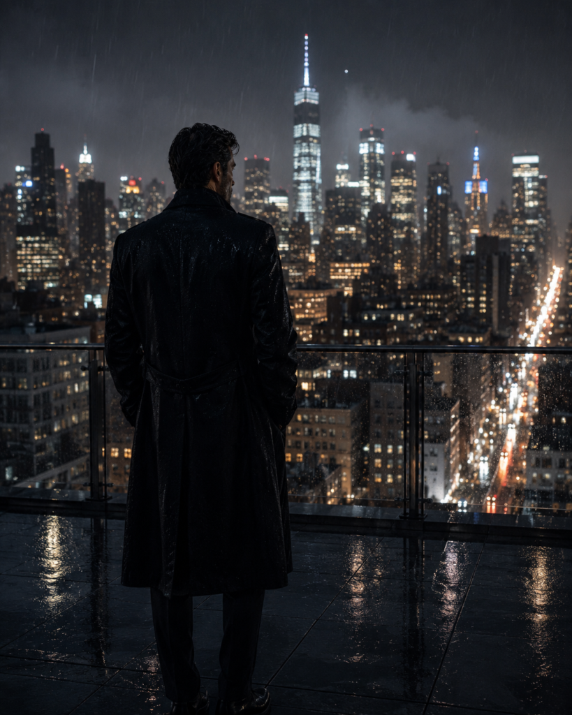 Dorian Slate standing alone on a rain-soaked rooftop at night, facing the illuminated New York City skyline.