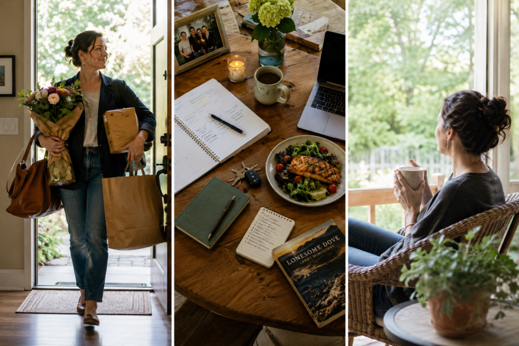 Three-part image showing a woman carrying flowers and bags, a table filled with everyday responsibilities, and a woman resting quietly with a cup on a porch.