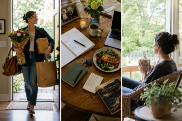 Three-part image showing a woman carrying flowers and bags, a table filled with everyday responsibilities, and a woman resting quietly with a cup on a porch.