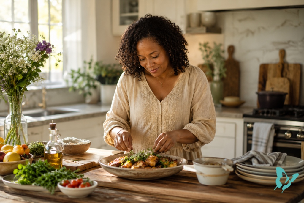 A woman carefully finishing a prepared meal in a warm, sunlit kitchen.