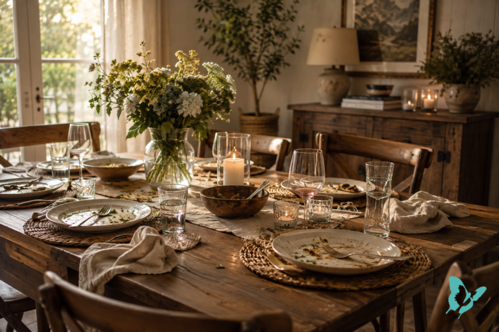 A warmly lit dining table after a shared meal, with used plates, glasses, serving dishes, flowers, and candles remaining.