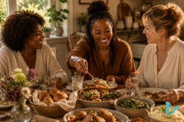 Three women sharing a meal and laughing together around a warmly set table.