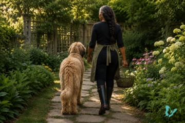 A woman walking with her Briard dog along a flower-lined garden path in the soft morning light.