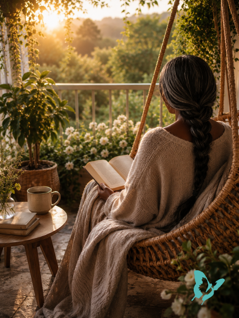 A woman reading quietly in a garden swing chair surrounded by flowers and greenery.