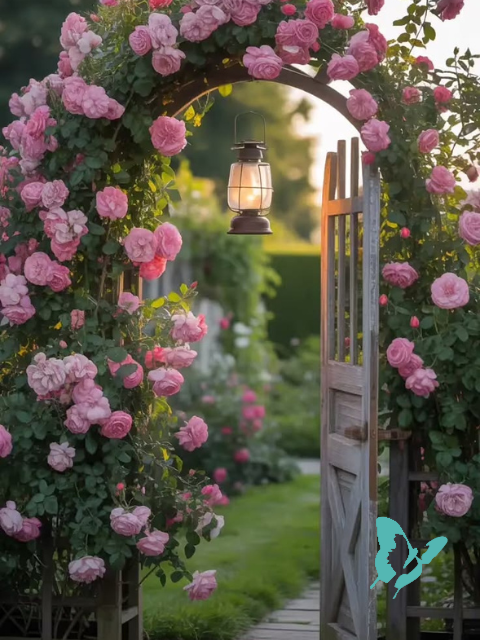 A rose-covered garden gate opening into a peaceful garden pathway.