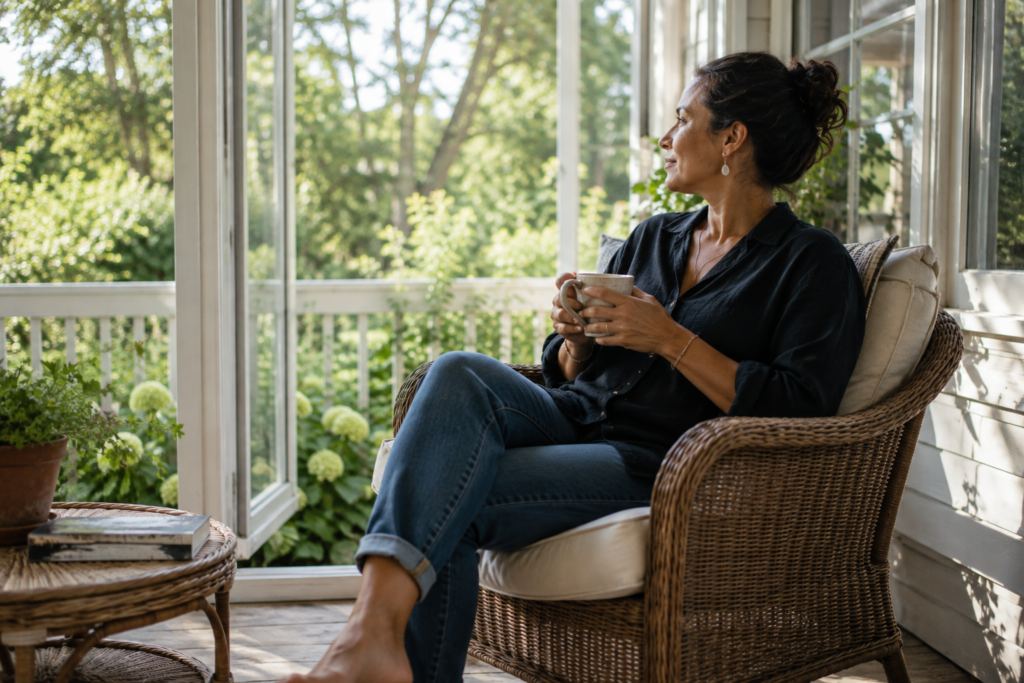Woman sitting quietly in a wicker chair on a bright porch, holding a mug and looking out toward the garden.