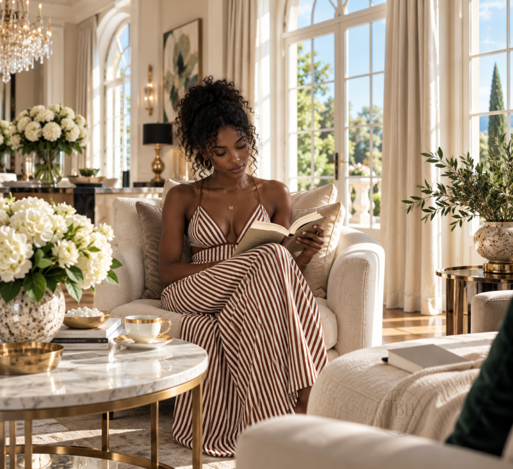 Summer Rousseau sits reading in a quiet living room in Evie's mansion.