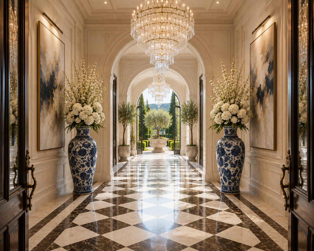 The Grand Reception Hall inside the Villa at Lake Como, Italy, featuring crystal chandeliers, marble floors, elegant floral arrangements, and arched doorways opening to the gardens.