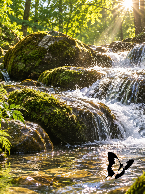 A peaceful woodland stream flowing through lush green trees, reflecting the quiet beauty of nature.