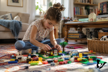 A child sits cross-legged on a colorful rug in a bright, sunlit living room, completely absorbed in building an imaginative world with colorful bricks, small figures, animals, a tree, and a toy vehicle.