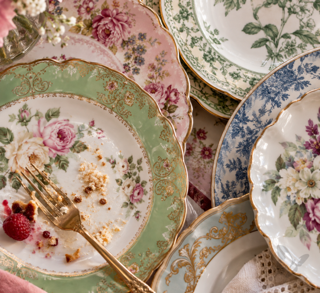 Overhead view of mismatched floral and botanical plates in pink, green, blue, and cream, with crumbs, a fork, and raspberry remnants on one plate.