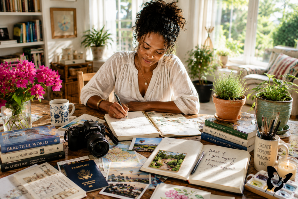 A woman sits at a sunlit wooden table writing in a notebook, surrounded by a camera, passport, maps, travel photographs, books, plants, watercolor paints, and journals representing different interests and possibilities
