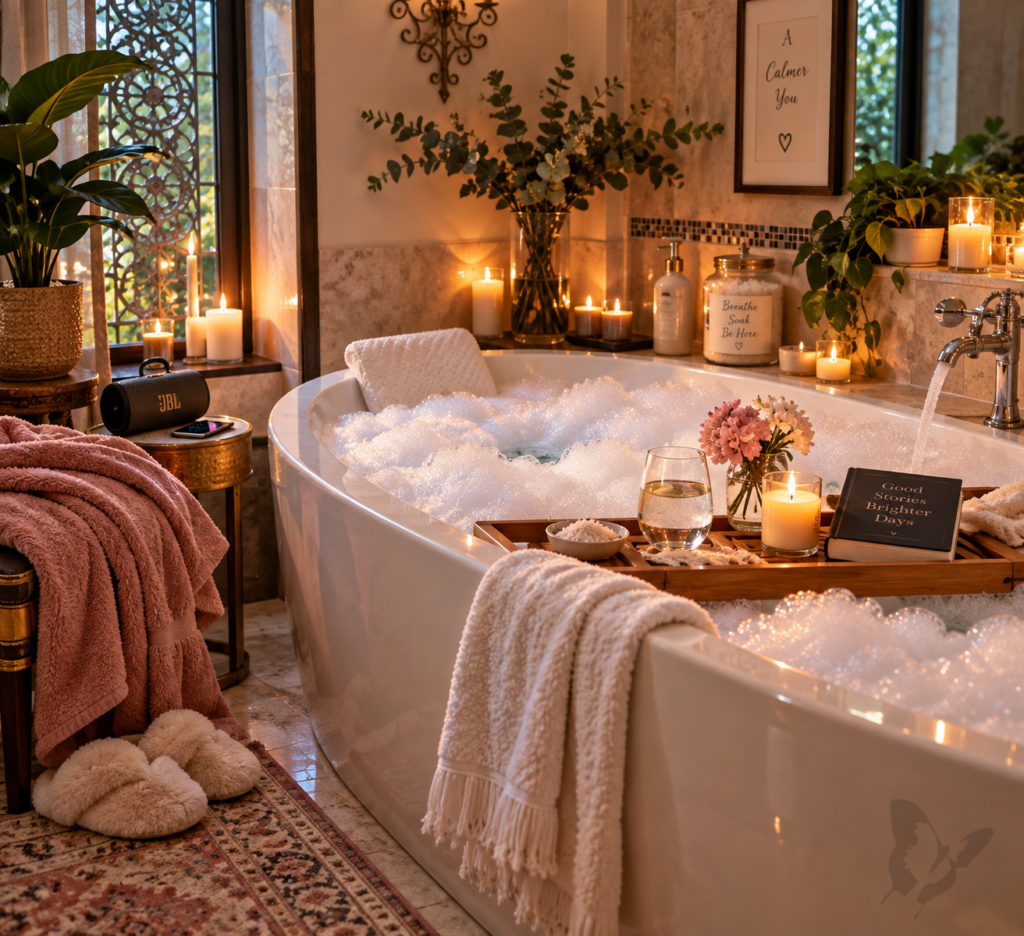 Warm bubble bath filled with abundant white bubbles, surrounded by candles, plants, pink towels, a glass of water, phone, and small speaker.