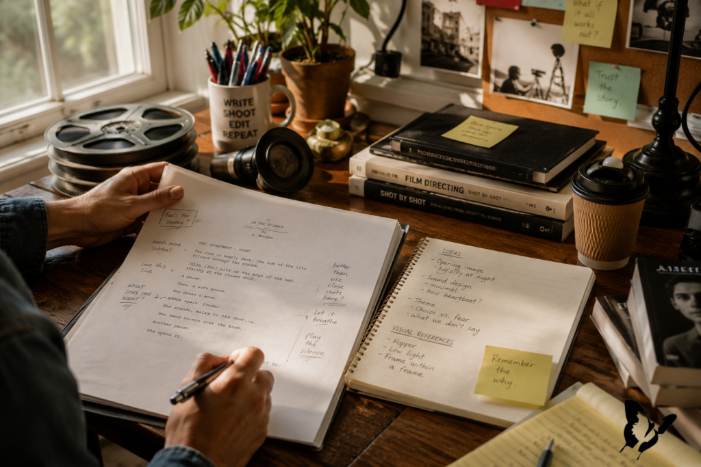 .Sunlight falls across a filmmaker’s working desk covered with an open screenplay, handwritten notes, a notebook of ideas, film reels, camera equipment, books, and pencils as someone makes notes on the script.