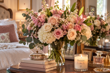Large bouquet of pink, peach, and cream flowers arranged on a bedroom dresser beside perfume and a lit candle.