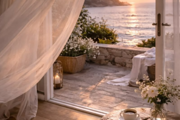 Open French doors with flowing white curtains overlooking a peaceful ocean terrace at sunset, with a book and coffee inviting a quiet moment of reflection.