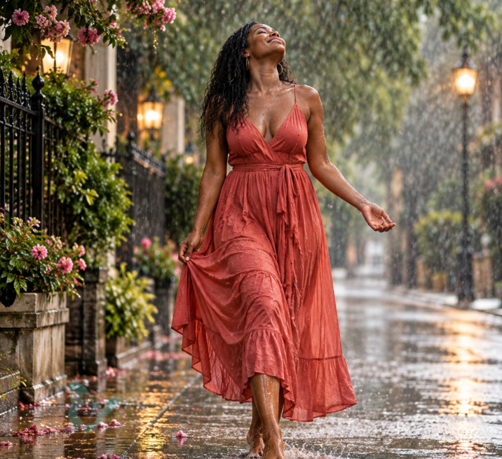 Joyful Black woman in a coral dress walking barefoot in the summer rain, her face lifted toward the sky on a lush garden-lined street.