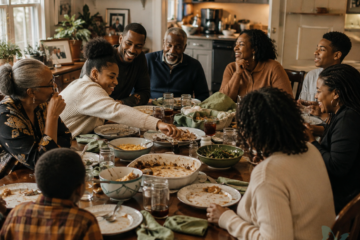A multigenerational Black family laughing and talking around a dining table after a shared meal, with used plates and serving dishes still on the table.