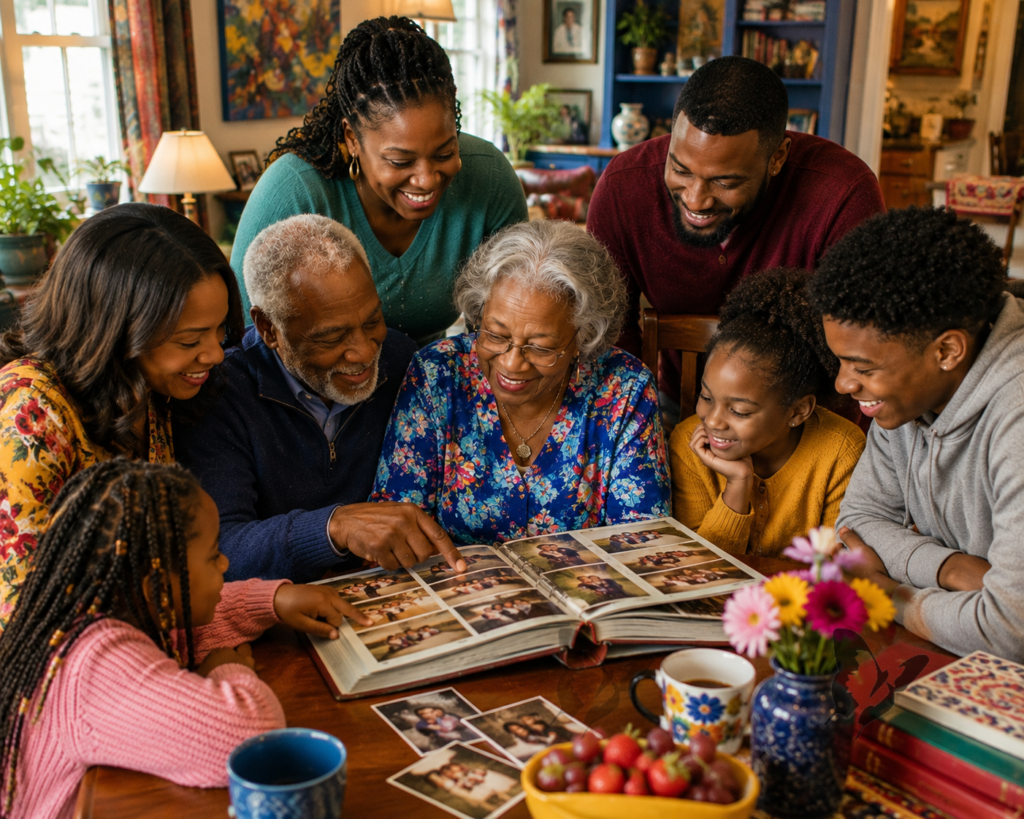 A multigenerational Black family gathered closely around an old photo album, smiling and looking through family photographs together.