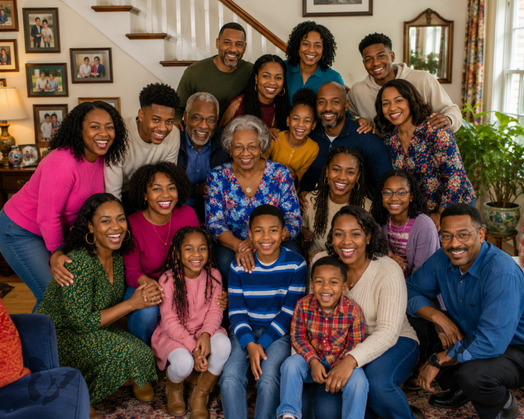 A large multigenerational Black family gathered closely together in a home, smiling for a family photograph.