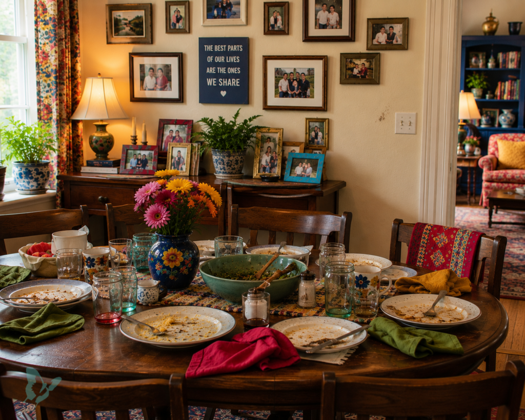 A dining room after a family meal, with used plates, glasses, serving dishes, and colorful napkins left on the table and family photographs displayed throughout the room.