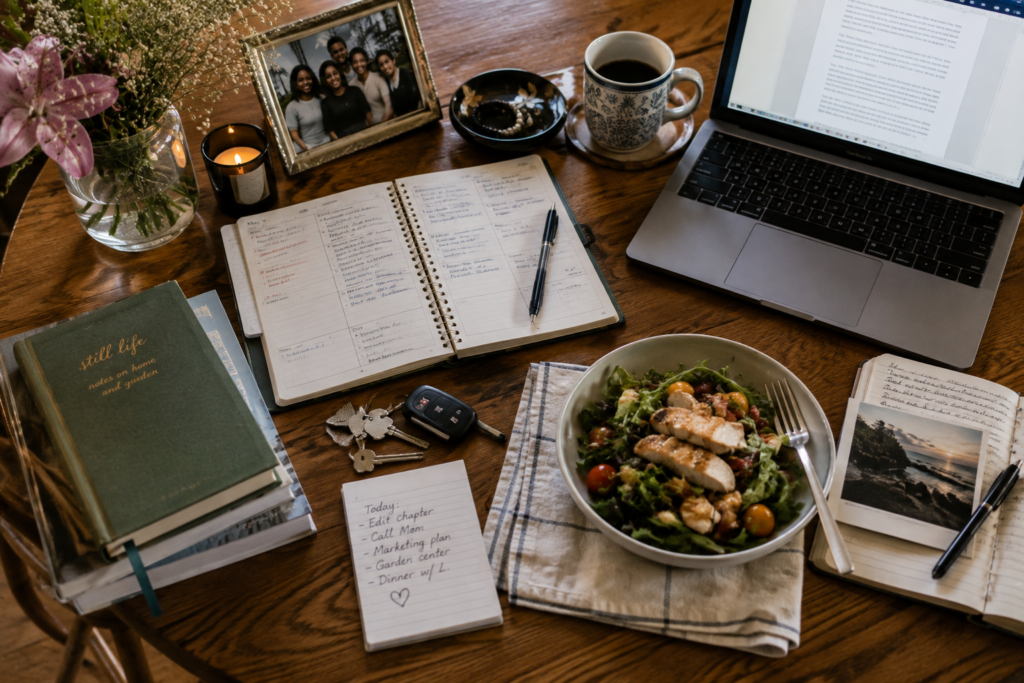 Lived-in table with an open planner, laptop, family photograph, meal, keys, books, coffee, and handwritten to-do list.